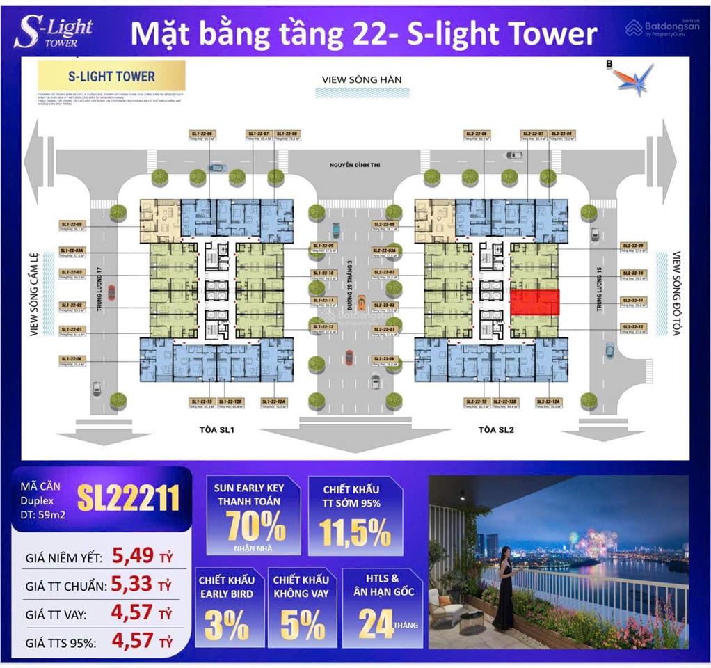 Sốc penthouse slight tower, giá thanh toán sớm chỉ 4,57 tỷ, 59m2 ở nguyễn đình thi, đà nẵng