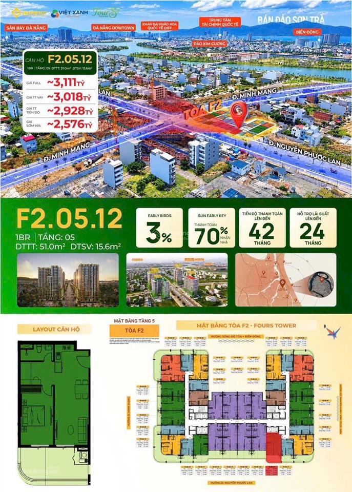 38.6 triệu/m2 cho căn 1pn + 1 có sân vườn. giá căn hộ cao cấp đà nẵng quá hấp dẫn