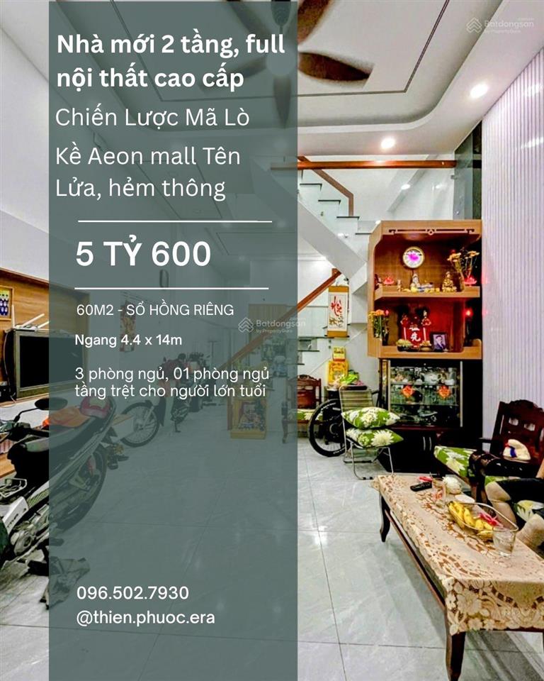 5ty6 2 tầng, 60m2 full nội thất mới đẹp, 3pn, chiến lược mã lò cạnh tên lửa aeon mall