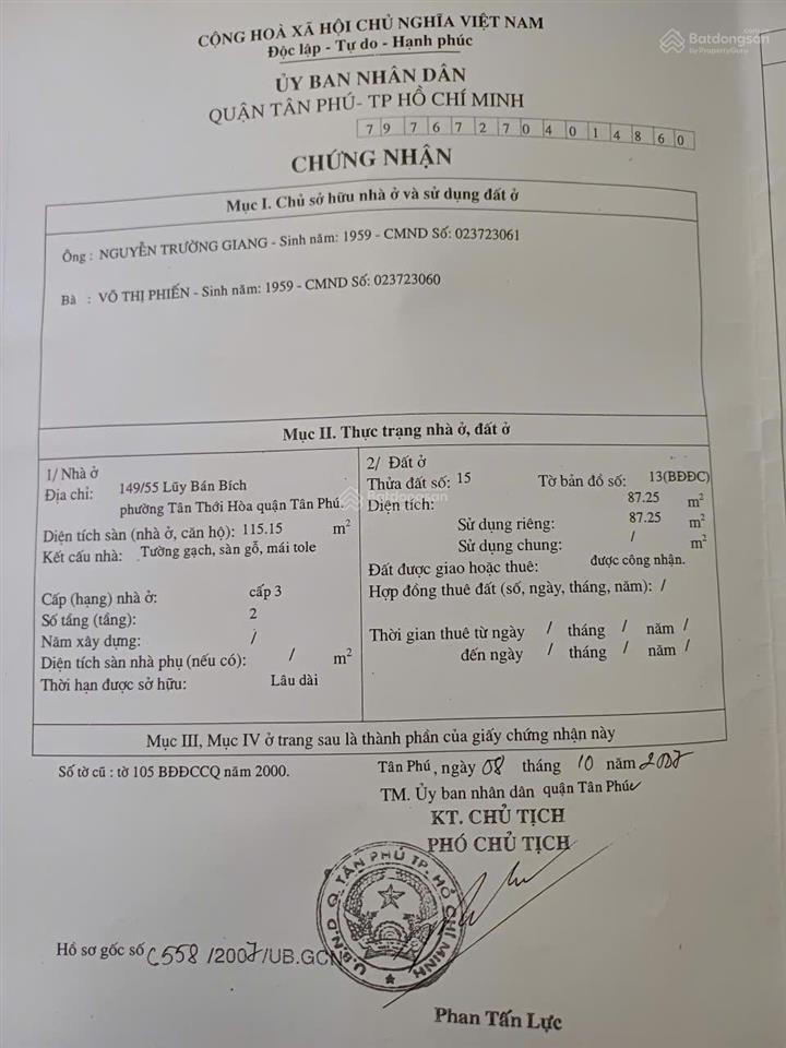 Bán nhà riêng tại 149/xx, lũy bán bích, 11 tỷ vnd, 87,25m2, 10pn, 10wc (đang cho thuê trọ)