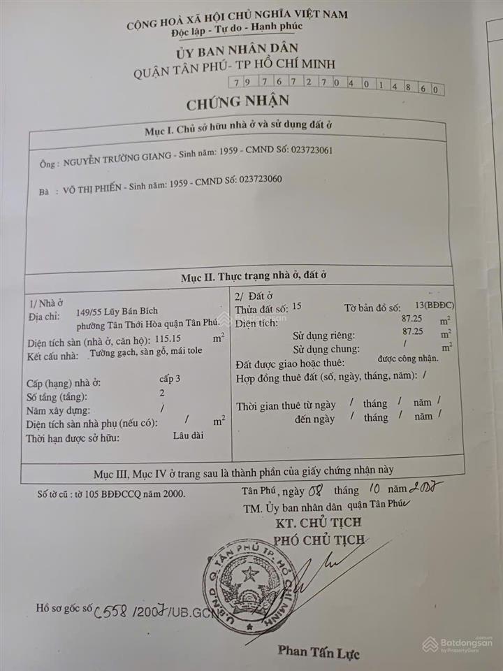Bán nhà riêng tại 149/xx, lũy bán bích, 11 tỷ vnd, 87,25m2, 10pn, 10wc (đang cho thuê trọ)