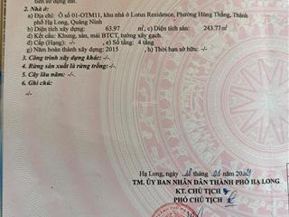 Bán biệt thự liền kề 6pn, 6wc, 4t, 97m2, 14 tỷ tại lotus residences, tp.hạ long, view hồ đẹp