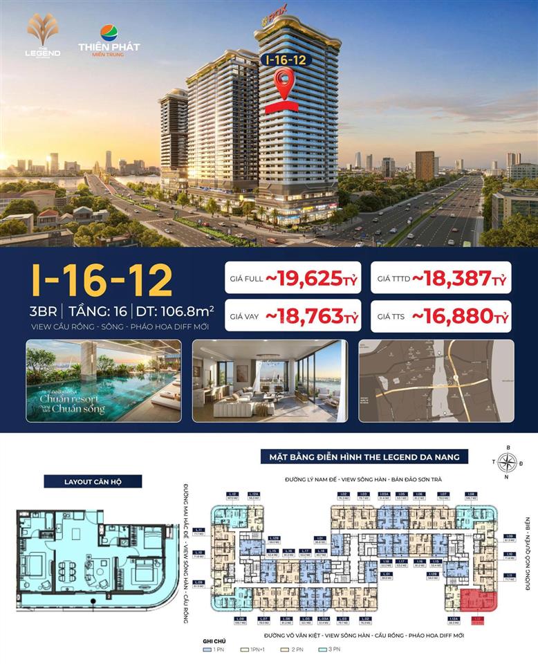 Căn 3pn góc đẹp  view trực diện cầu rồng, sông hàn & pháo hoa