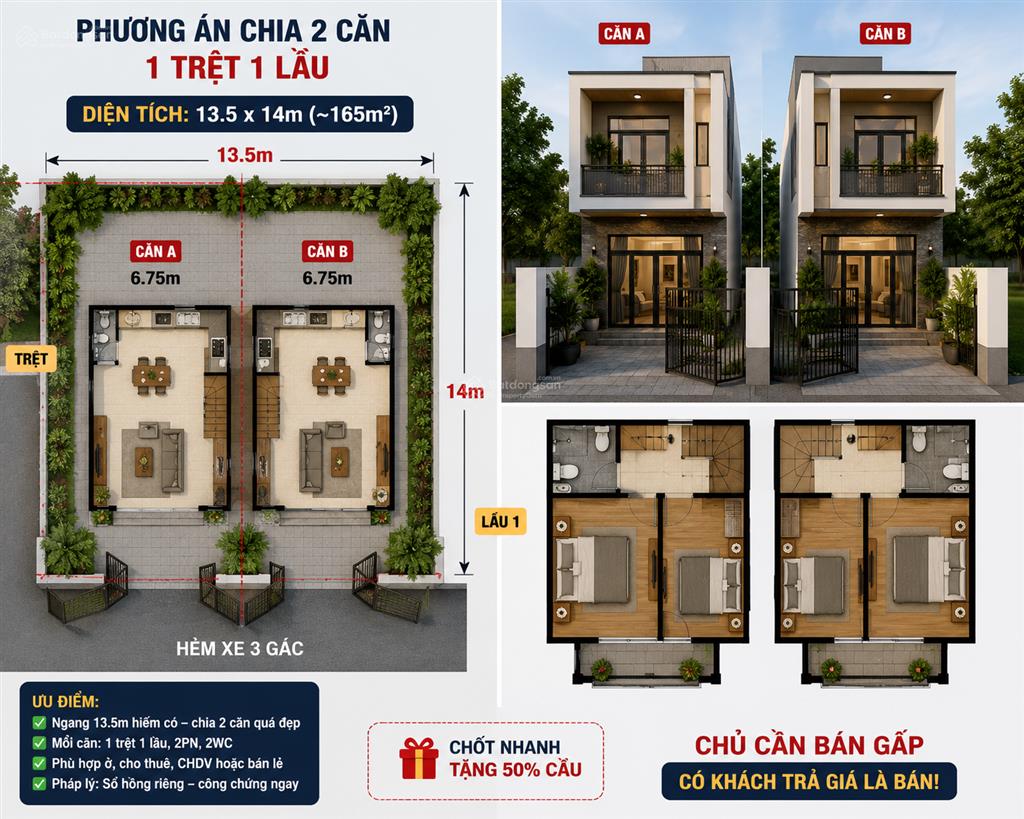 Nhà phố mua 1 căn được 2 căn  giá chỉ 53tr/m2