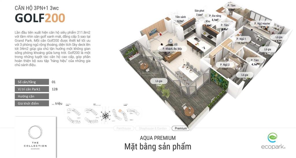 Bán căn hộ siêu hiếm 216m view 270 độ 4 phòng ngủ, sân vườn 30m thang máy riêng, aquabay, ecopark