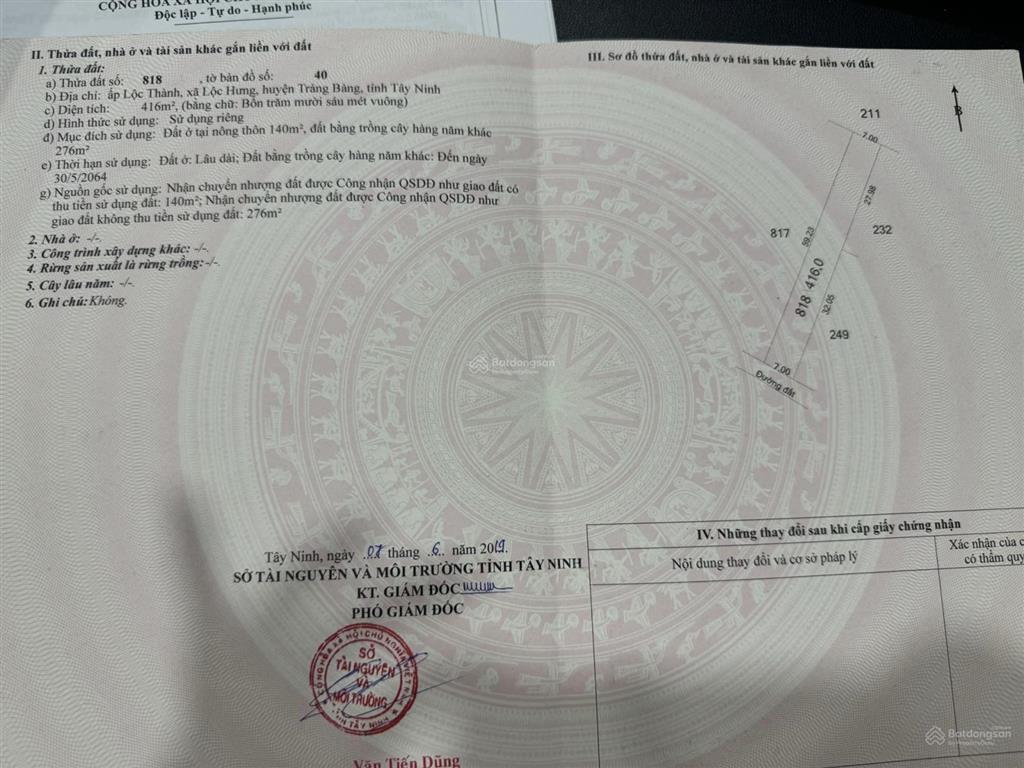 Bán đất trảng bàng (gần kcn, tiềm năng tăng giá cao)