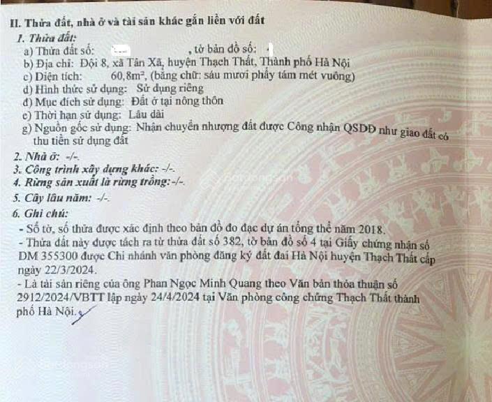 Bán 60,8m tân xã, thạch thất,( xã hạ bằng mới) giáp khu cnc hòa lạc, fptđh quốc gia trục chính