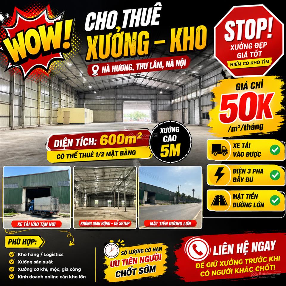 🔥 cho thuê xưởng 600m² – xe tải vào thoải mái – giá chỉ 50k/m² 🔥