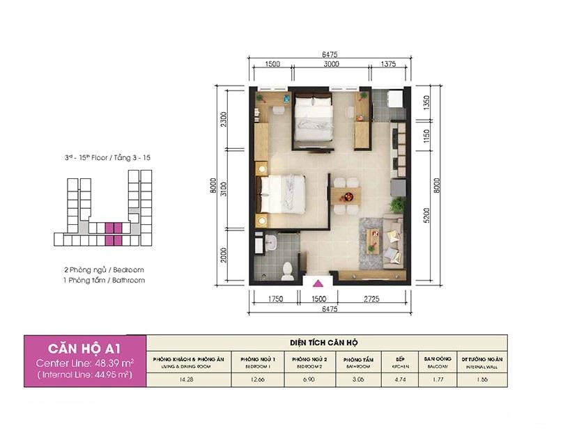 Bán căn hộ sky9  2 phòng ngủ 2 wc có sổ hồng, giá 3.2tỷ, khu vực quận 9, đường liên phường