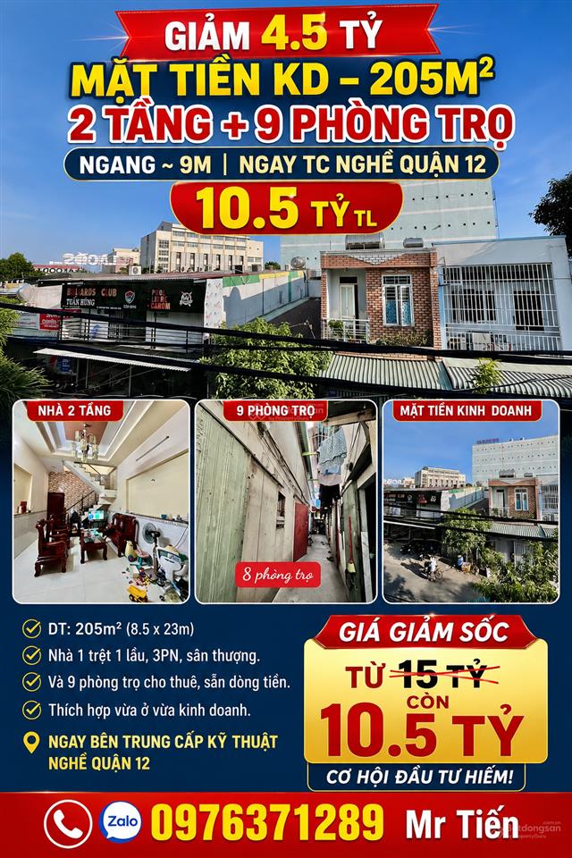 Giảm 4.5 tỷ mặt tiền kd 205m  2 tầng + 9 phòng trọ ngang ~ 9m ngay tc nghề quận 12  10.5