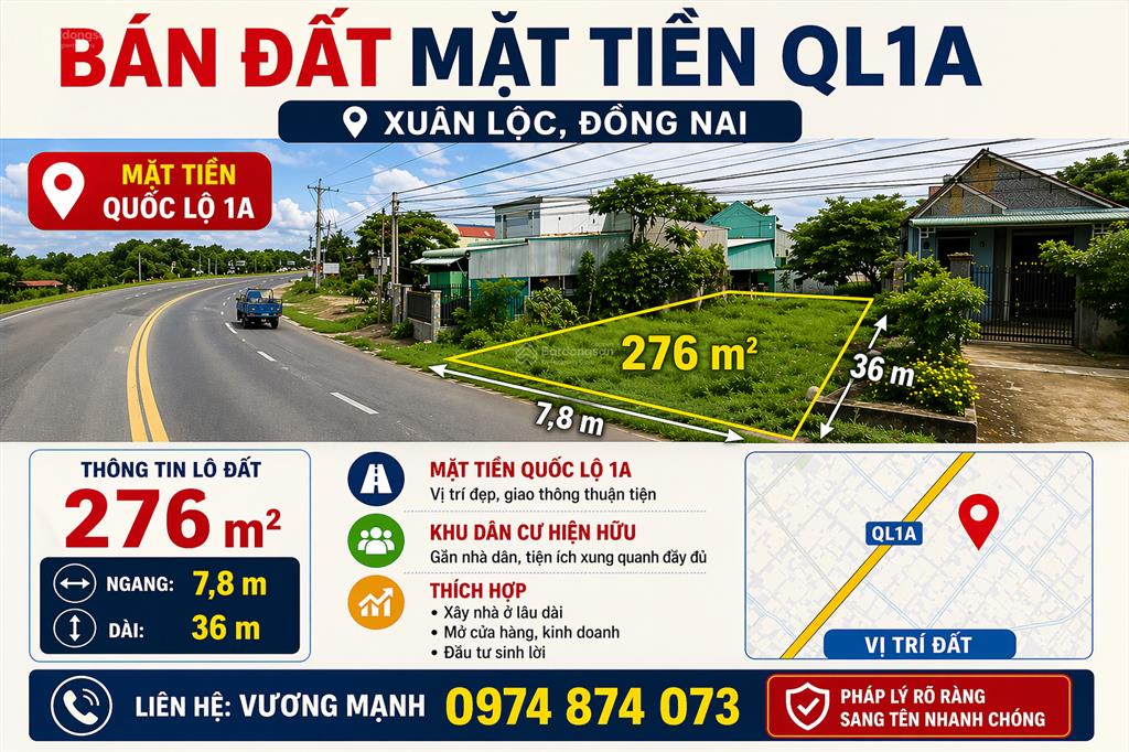 Bán đất 276m, ngang 7,8m, xuân lộc, đồng nai