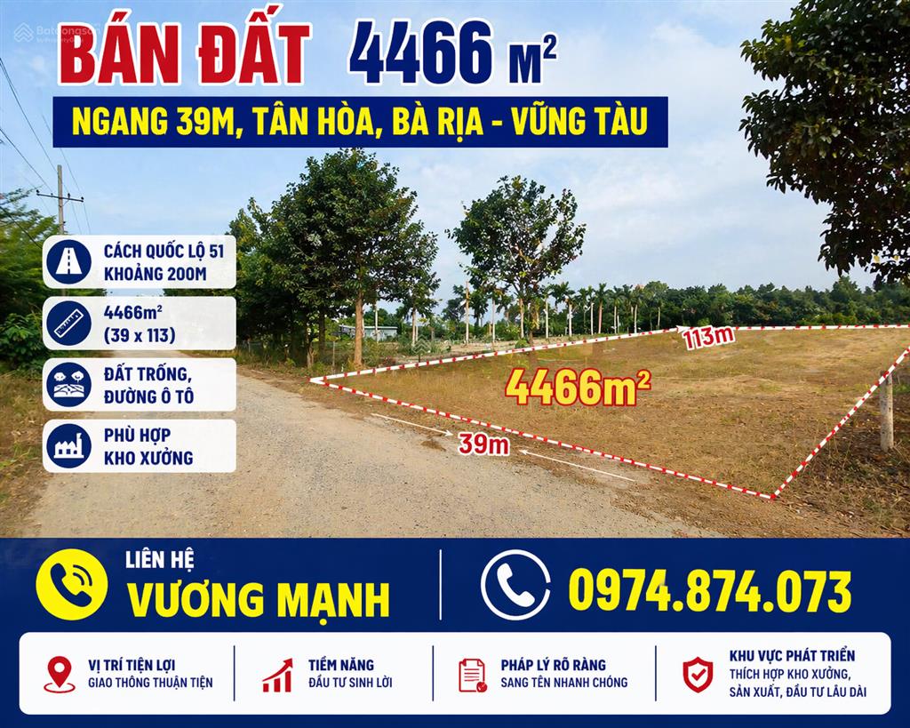 Bán đất 4466 m, ngang 39m, tân hòa, bà rịa  vũng tàu