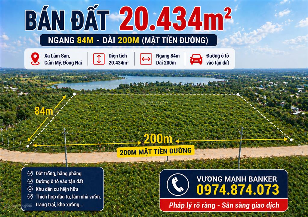 Bán đất 20.434m, ngang 200m, cẩm mỹ, đồng nai