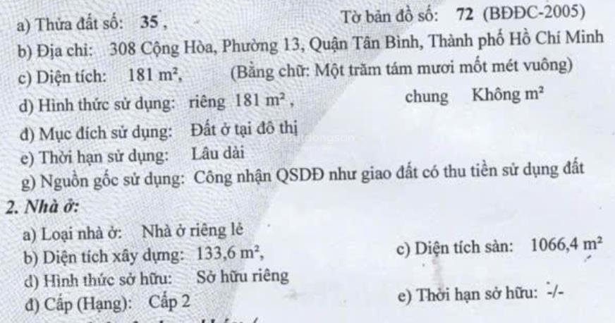 47,5 tỷ / 308 cộng hòa  4,6x40m / cn 181m²  hầm 7 tầng + st  hđt 120 triệu / tháng