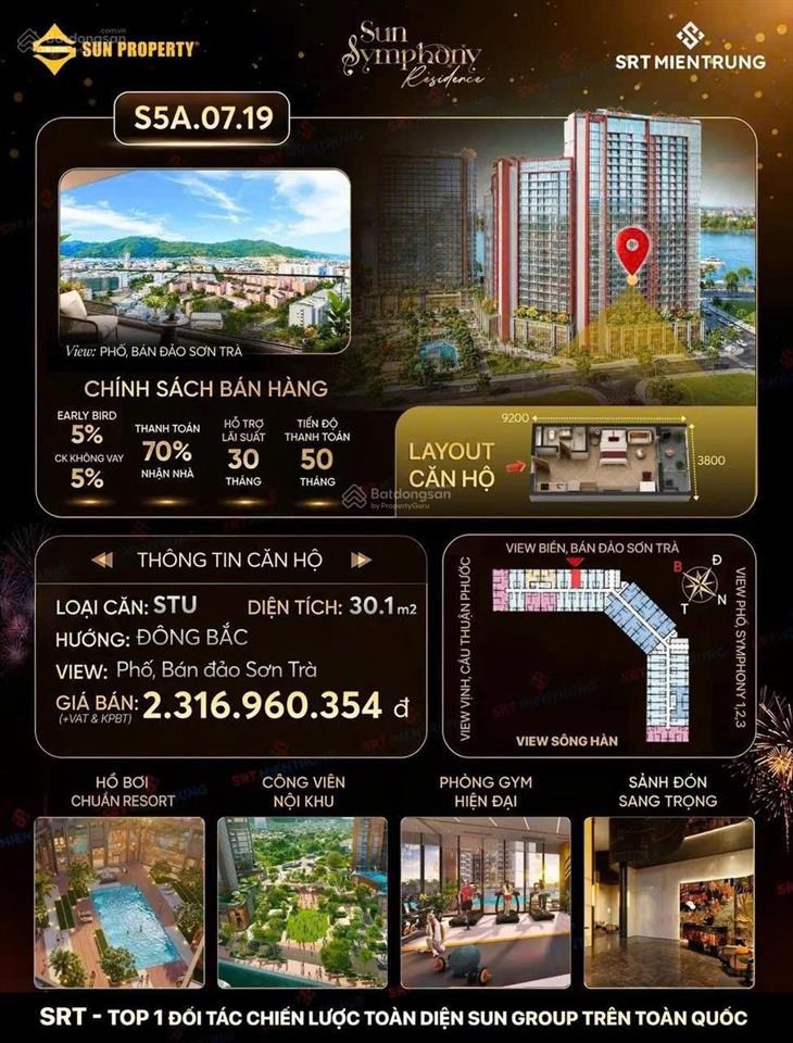 Cặp liền kề studio tầng 7 view biển sun symphony chỉ 1tỉ782/1căn hướng đông bắc