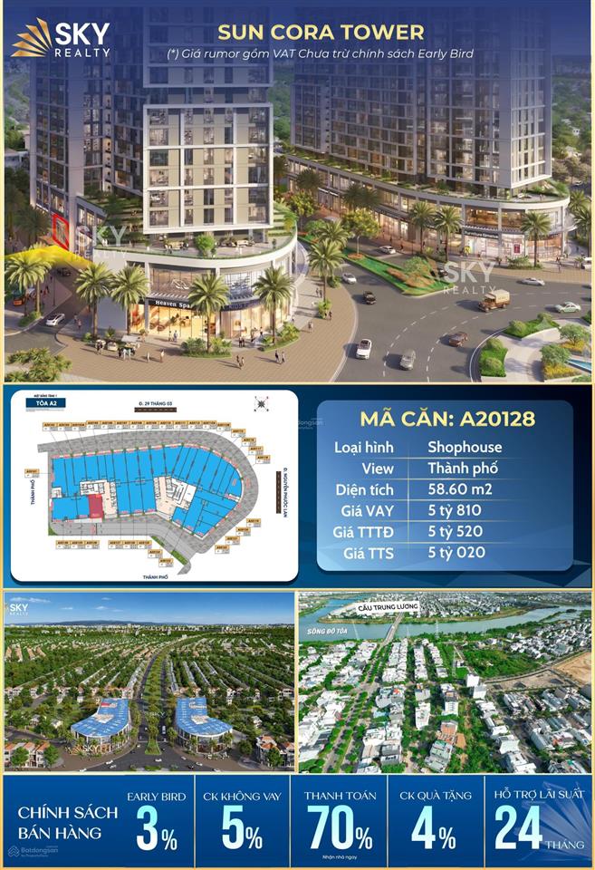 Shophouse sun cora tower  58,60 m, chỉ từ 5,020 tỷ