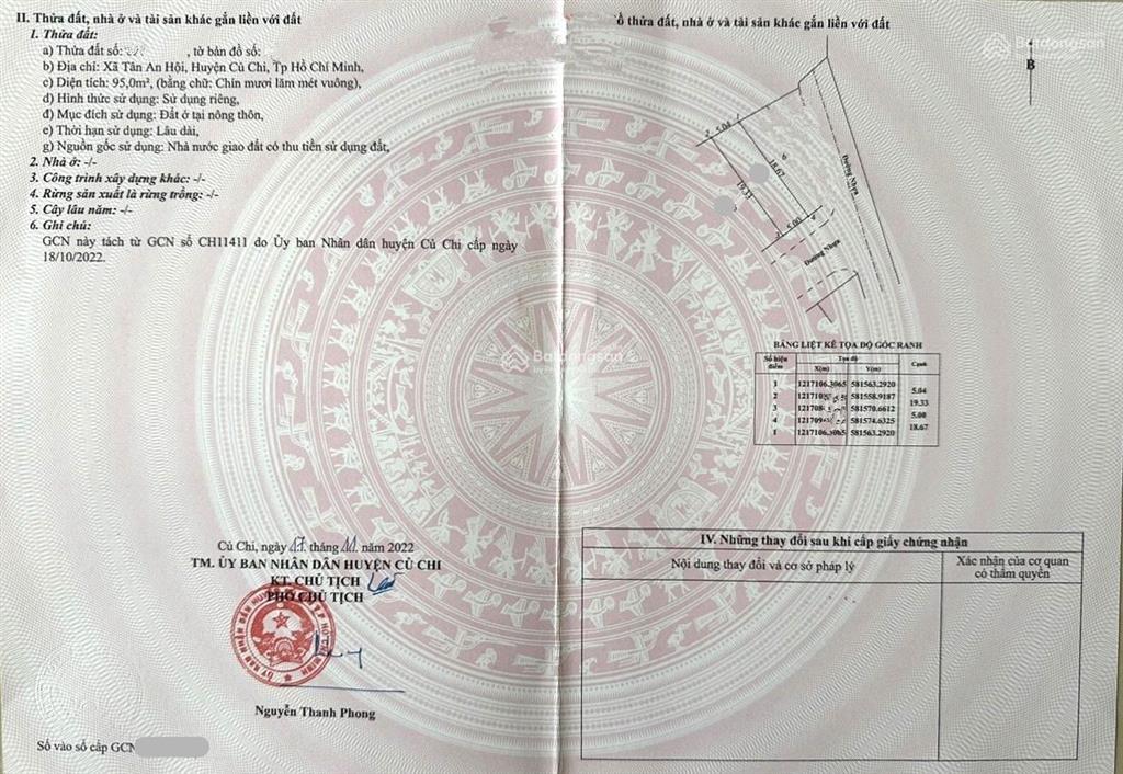 Tôi cần bán gấp lô đất đường đào văn thử xã tân an hội huyện củ chi dt 95m2 giá 1tỷ2 sổ hồng riêng