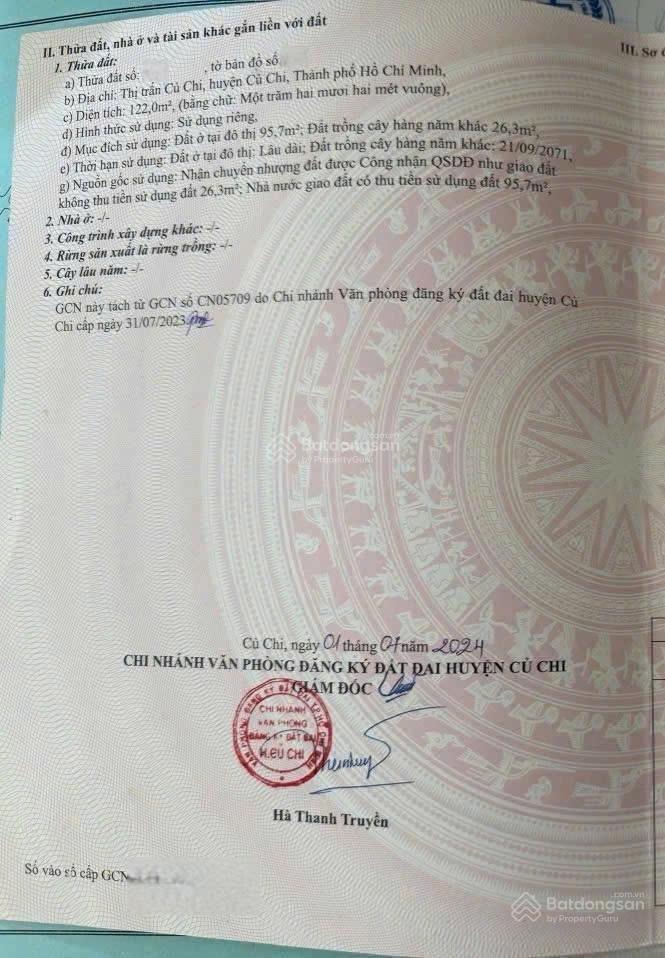 Tôi có lô đất cần bán gấp ở đường nguyễn văn khạ thị trấn củ chi 122m2 giá 1 tỷ 2 sổ hồng riêng