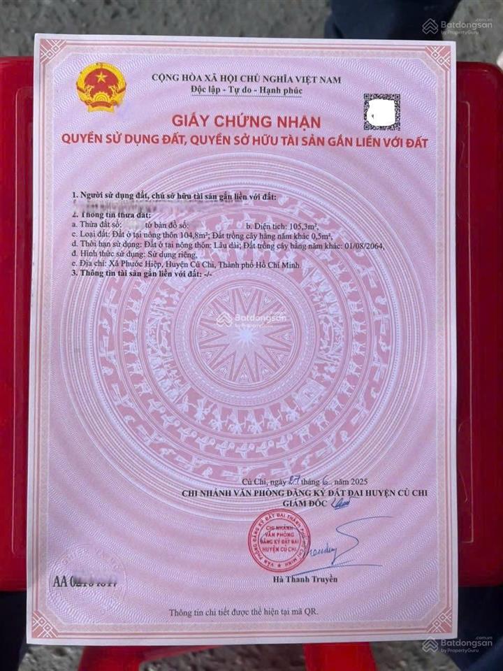 Bán 105m2 đất cây trôm mỹ khánh, phước hiệp, củ chi sổ hồng riêng sang tên trong ngày