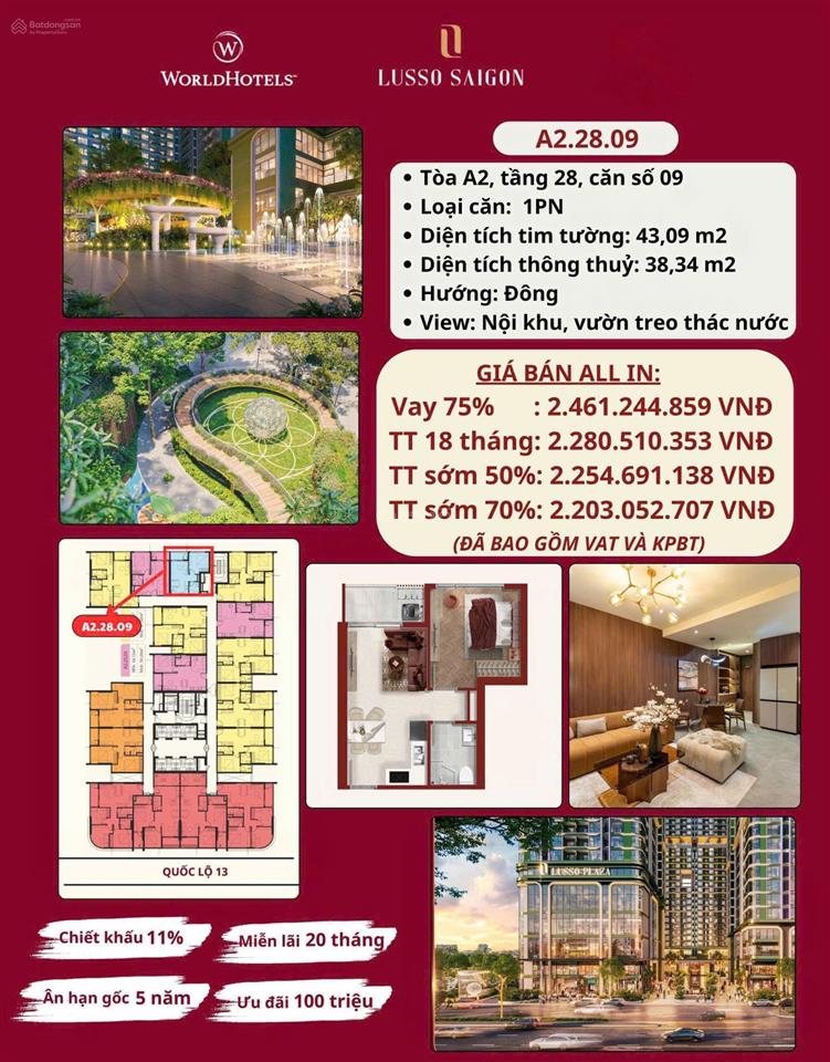 Bán căn hộ d'lusso an phú 1pn tầng 28 view vườn treo thác nước, giá tốt chỉ từ 2.2 tỷ