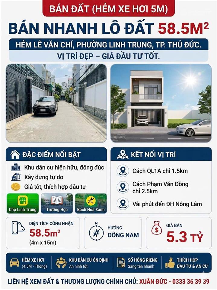 Chính chủ cần bán lô đất phân khúc 5 tỷ đường 7m có lề ngay lê văn chí  linh trung