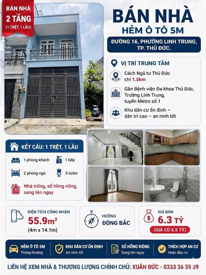 Chính chủ cần bán nhà 2 tầng hẻm oto 5m  gần đường lê văn chí  linh trung  6,3 tỷ