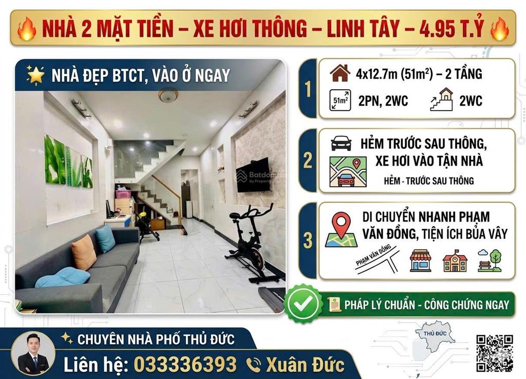 Phân khúc 4 tỷ  nhà 2 mặt tiền  đường xe hơi thông  ngay cạnh phạm văn đồng  p.linh tây