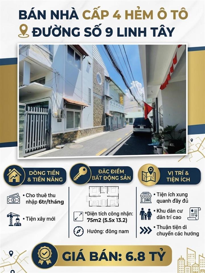 Chính chủ cần bán nhà đường số 9 linh tây sát ngay phạm văn đồng  dt 75m ngang 5.5m giá nhỉnh 6 tỷ
