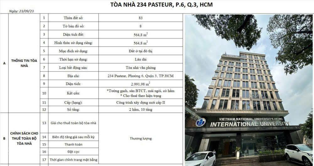 Ngang 22m 2 hầm 10 lầu 3000m2 234 pasteur đầy đủ pccc