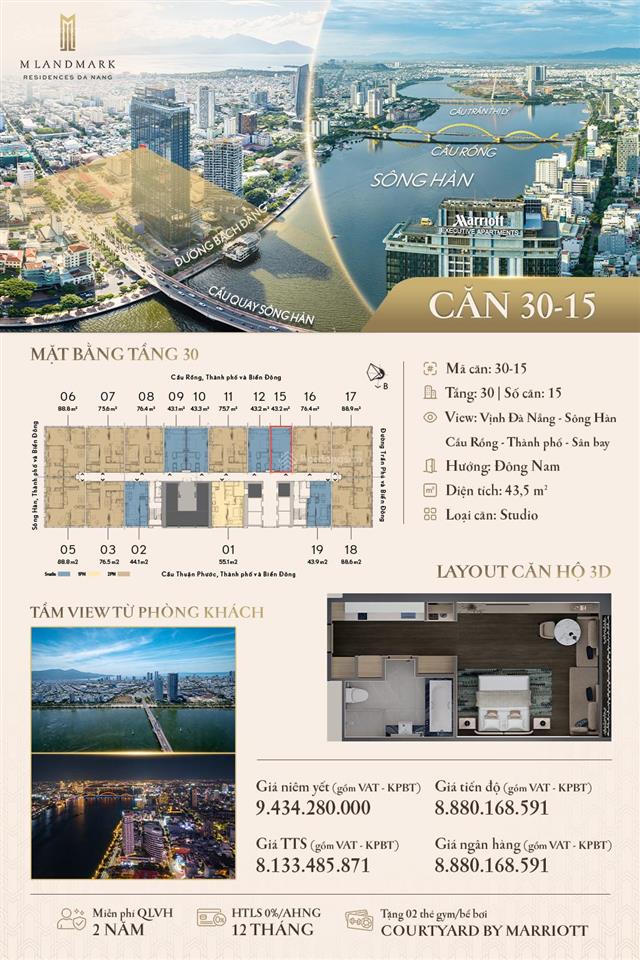 Sở hữu căn studio m landmark 43,5m  view trọn cầu rồng & sân bay  ck cực sâu, miễn 2 năm phí qlvh