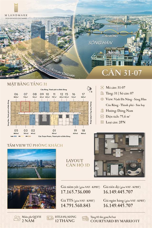 Bán gấp căn 2pn m landmark đà nẵng 75.6m tầng 31  view cầu rồng  ck hơn 2.3 tỷ
