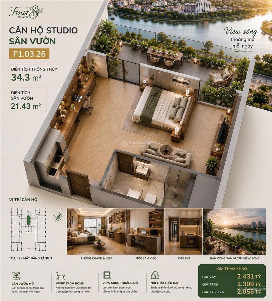 Căn hộ studio sân vườn cuối cùng fours tower, giá trực tiếp cđt, sát sông gần biển, công viên 50ha