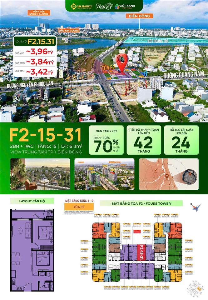 990 triệu ban đầu sở hữu ngay căn hộ 2 phòng ngủ f2 fours, view biển, ngũ hành sơn, vay lãi suất 0%