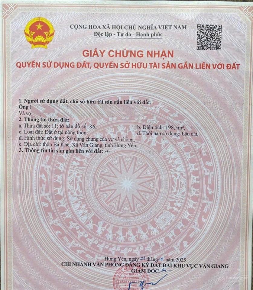 Bán đất tại thôn bá khê, đường 379, xã văn giang, hưng yên, giá tốt, 198,5 m²