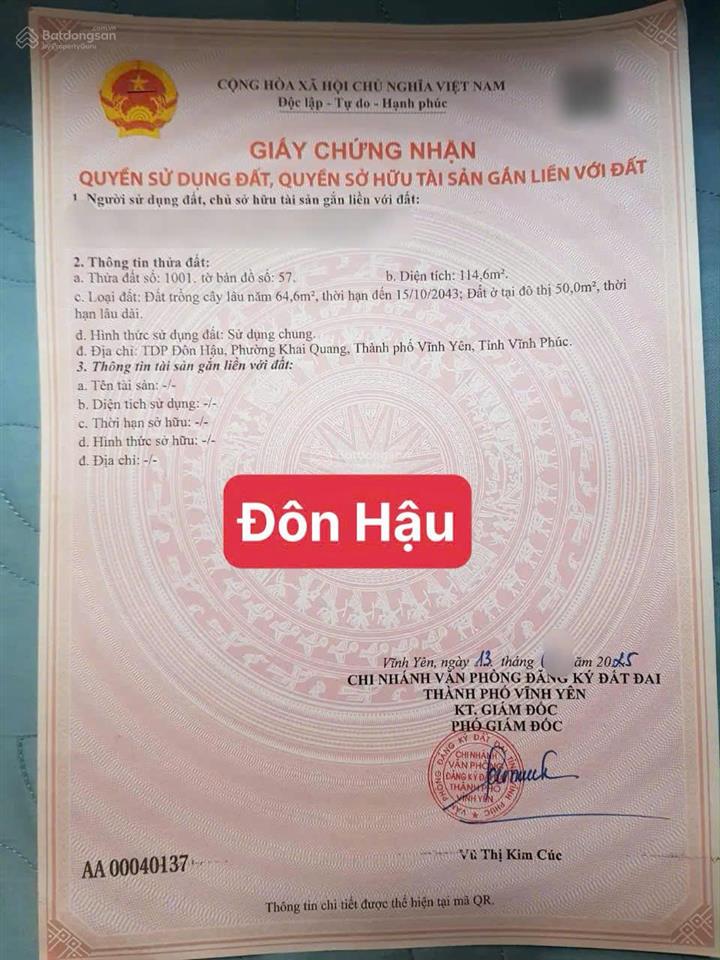 Chính chủ bán gấp lô đất đẹp trục chính đôn hậu khai quang 114,6m mt5m đường ô tô 2,9 tỷ 0988 296 ***