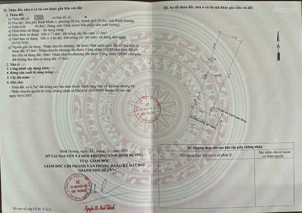 Bán đất 94,8m2 ,gần chợ dĩ an ,thổ cư 77,4m (4,5 *20)nở hậu 5,8m .chính chủ