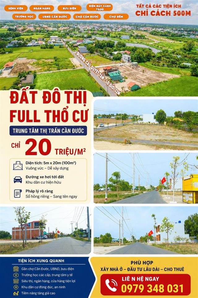 Đất đô thị full thổ cư trung tâm thị trấn cần đước chỉ 20tr/m2 vị trí đẹp, đường xe hơi