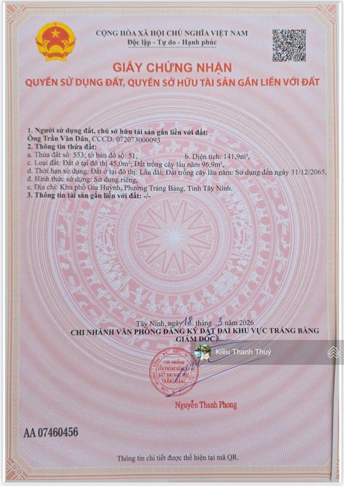 Cần bán gấp lô đất 140m2 nằm 1 sẹc ngắn quốc lộ 22 , gần agribank trảng bàng , giá 800 triệu