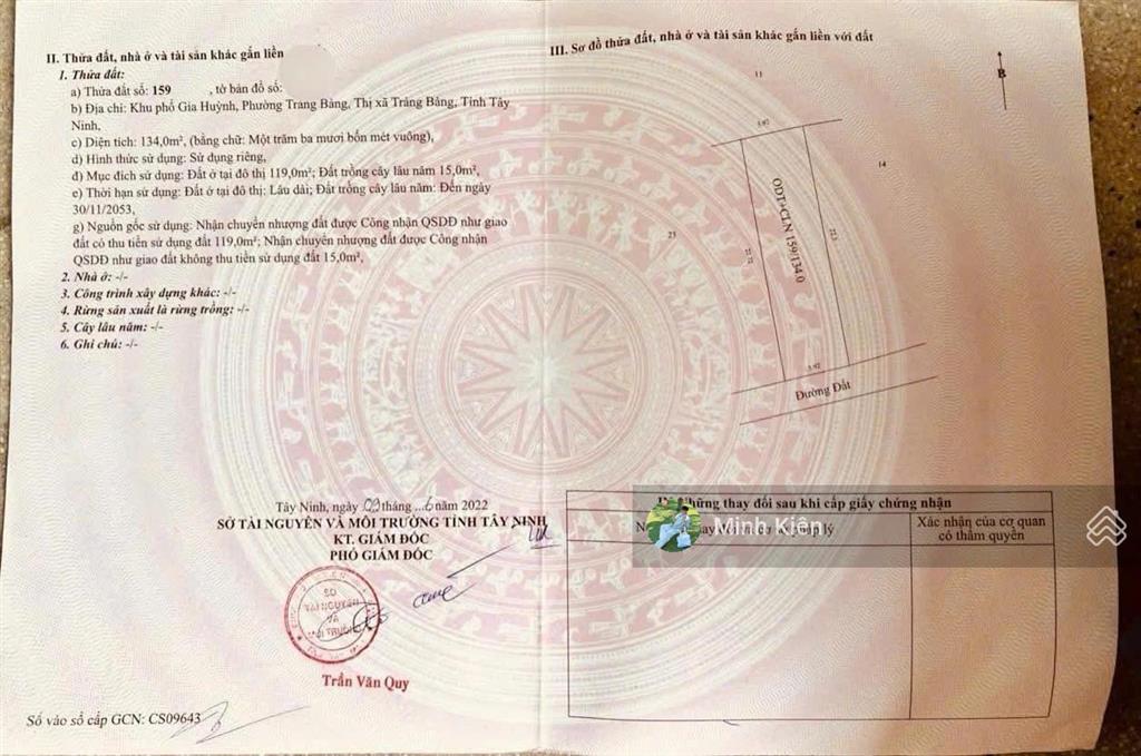 Lô đất đẹp ngay khu vực đông dân cư giá chỉ 700tr nằm trên đ gia huỳnh phường trảng bàng , dt 134m2