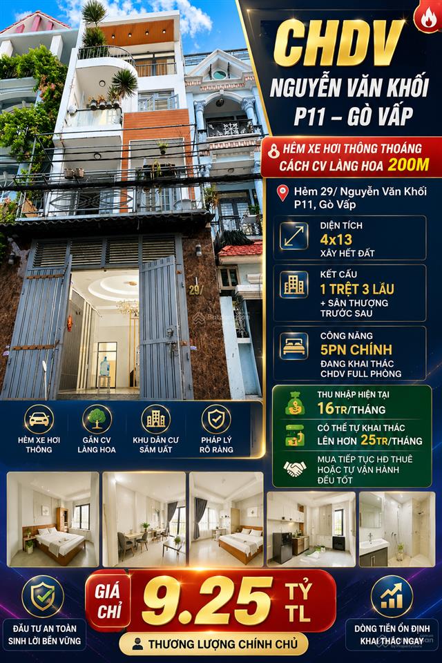 Giảm sốc chdv nguyễn văn khối p11 gò vấp 4x13m 4 tầng 5pn thu nhập 16tr gần cv làng hoa còn 8,8 tỷ