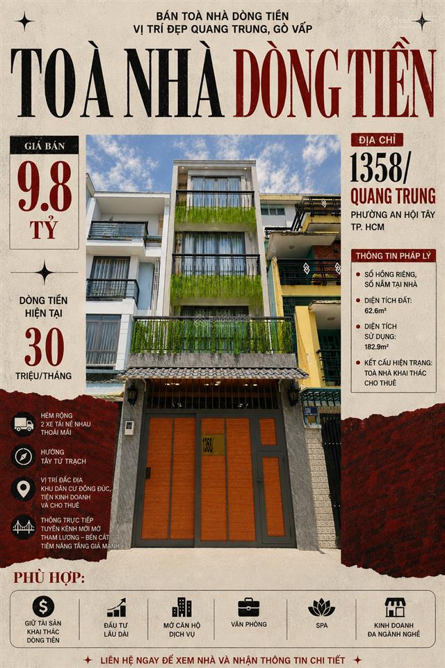 Toà nhà dòng tiền 30tr/tháng, hẻm 2 xe tải quang trung gò vấp, chỉ 9.8 tỷ, 62.6m