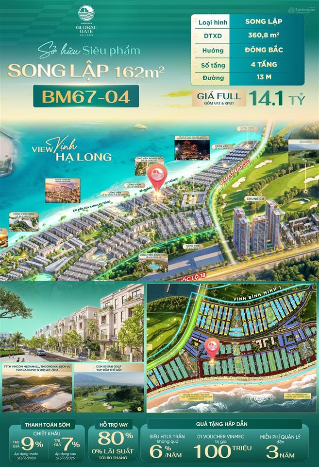 Quỹ căn hiếm chỉ 14.1 tỷ "all in"  bm6704  biệt thự song lập 162m2 vinhomes global gate hạ long