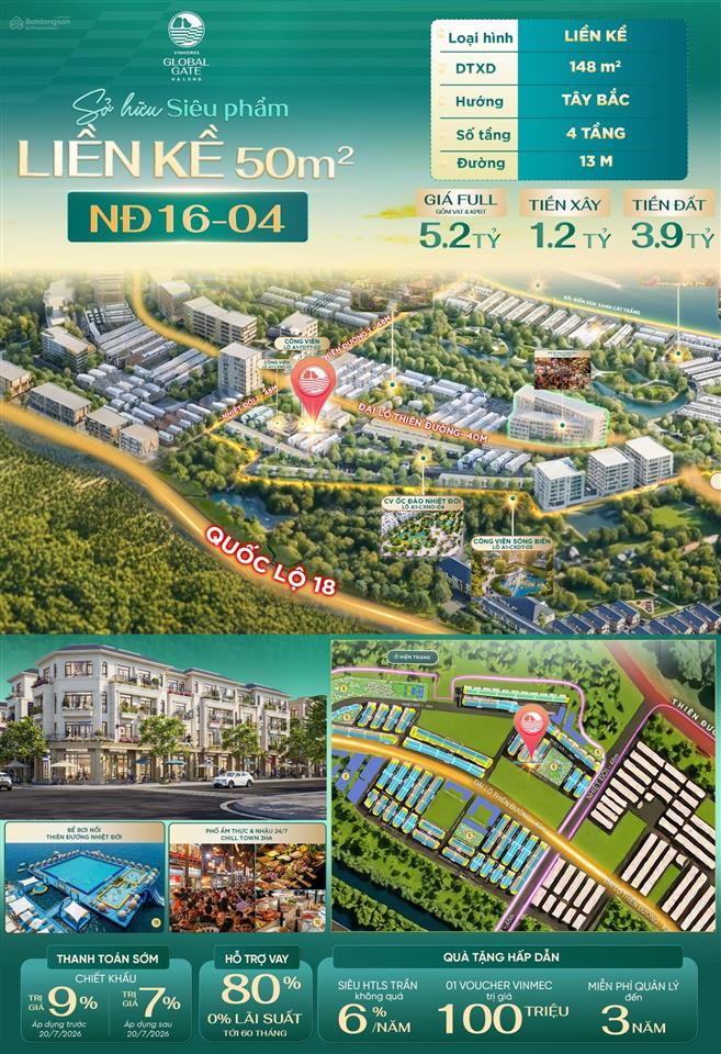 Giá tốt nhất 5,2 tỷ "all in"  nđ1604  căn hộ liền kề giãn xây 50m2 vinhomes global gate hạ long