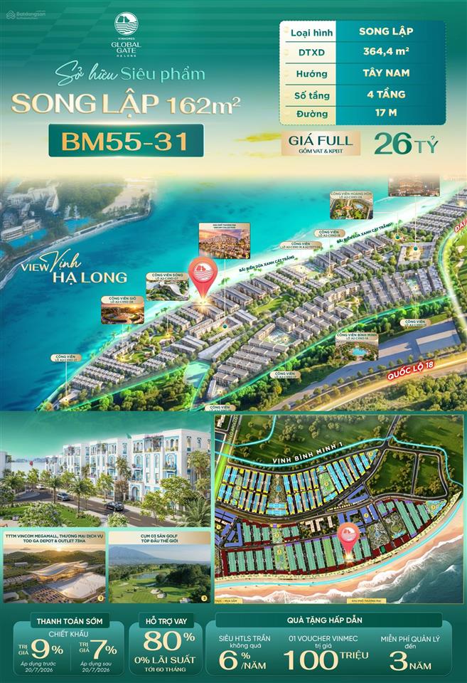 Siêu đẹp cực hiếm sát góc chỉ 26 tỷ all in  bm5531 song lập 162m2 vinhomes global gate hạ long