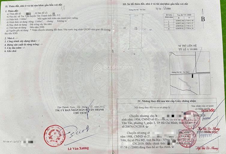 Bán đất 1160m2 phú mỹ  tóc tiên, 18,6 tỷ, pháp lý đầy đủ, mặt tiền 20m, ngõ 10m, chính chủ