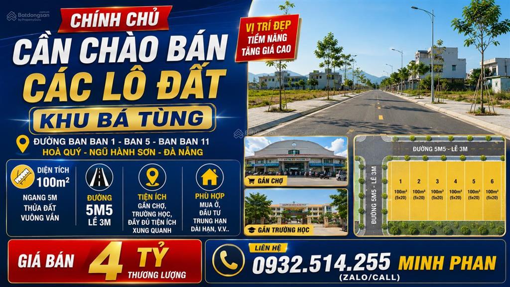 Bán đất tđc bá tùng 3 đường ban ban 1, hòa quý, ngũ hành sơn, giá chỉ 4 tỷ có thương lượng
