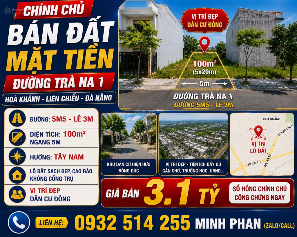 Bán lô đất trà na 1  hoà khánh  liên chiểu  đường 5m5 lề 3m giá chỉ 3 tỷ  gần đại học duy tân