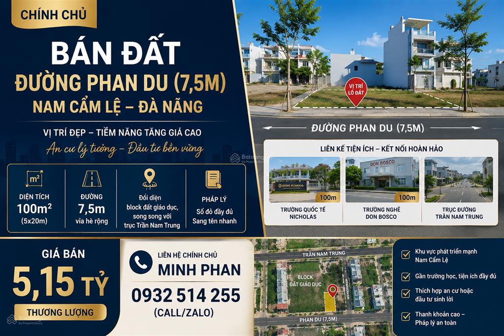 Bán đất đường phan du đường 7m5  hoà xuân  cẩm lệ gần trường quốc tế nicholas   093251455
