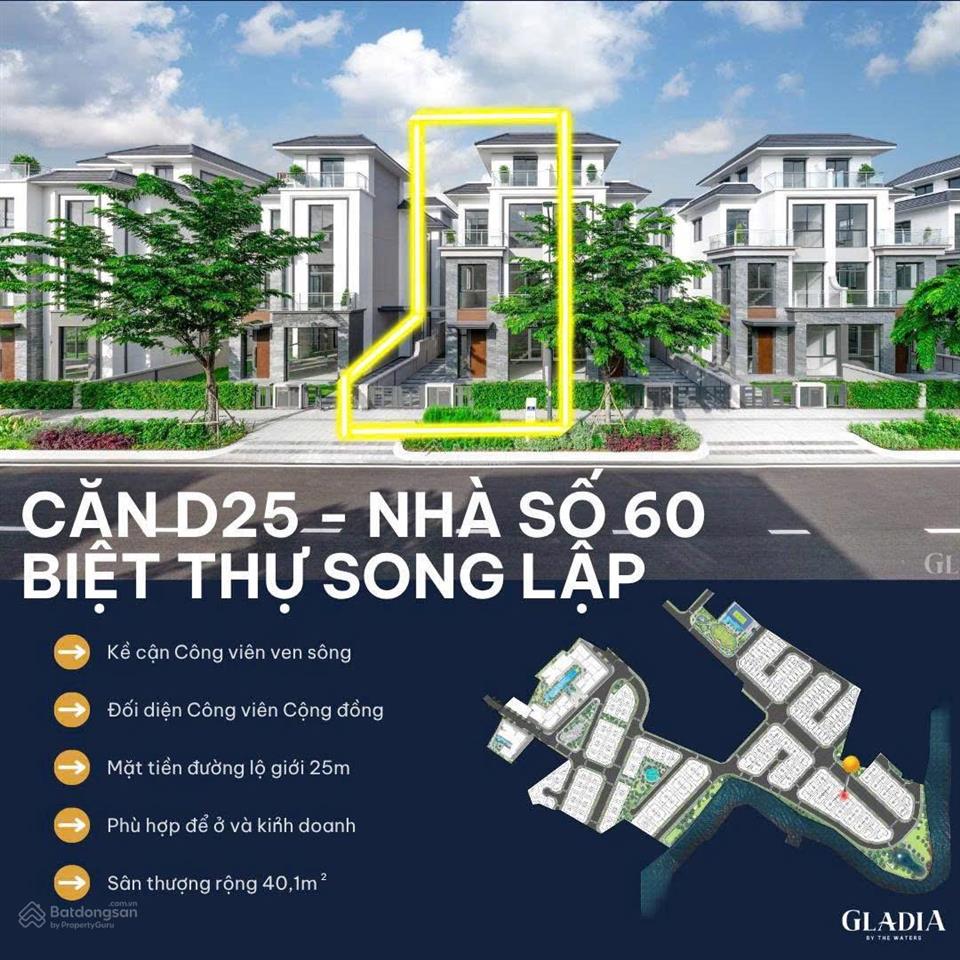 Bán biệt thự song lập gladia by the waters diện tích 216 m2 , 1 trệt 2 lầu 1 tum giá 57 tỷ