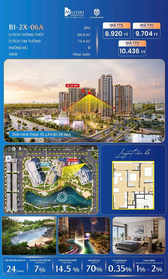 Hot bán căn hộ 2 pn masteri cosmo central tầng cao view nhạc nước, hướng mát giá tốt 8,9 tỷ